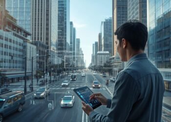 Smart city with modern buildings, IoT technology, and a person managing digital systems in an urban environment