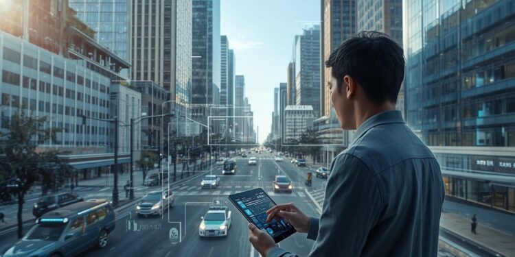Smart city with modern buildings, IoT technology, and a person managing digital systems in an urban environment