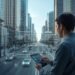 Smart city with modern buildings, IoT technology, and a person managing digital systems in an urban environment