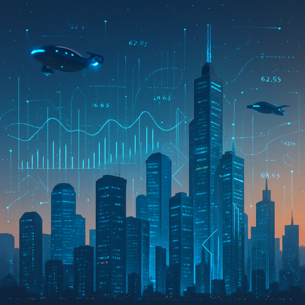 Futuristic smart city with data analytics, AI systems, and connected buildings visualized with digital overlays