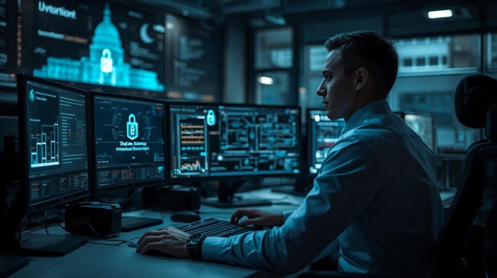 Professional monitoring sovereign AI systems and secure data networks in a modern high-tech workspace