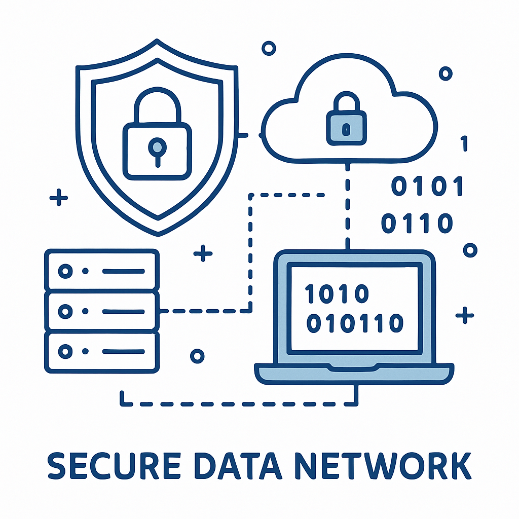 Secure data network illustration with cloud, server, and encryption icons showing patient data protection
