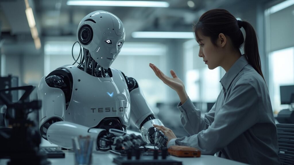 Tesla Bot humanoid robot collaborating with a real person in a modern workplace environment