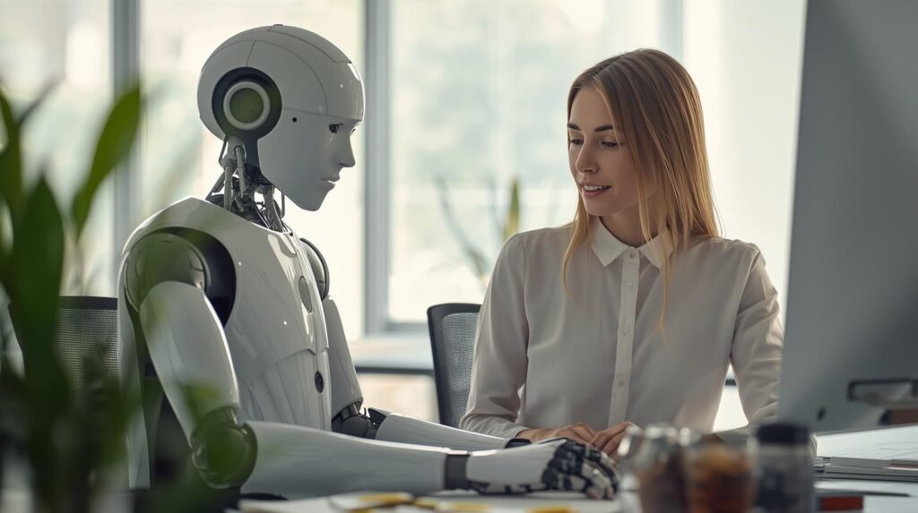 Tesla Optimus humanoid robot working with a human in a modern office workplace environment