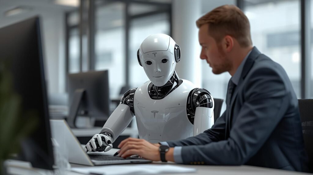 Tesla Optimus humanoid robot working with a human in a modern office workplace environment