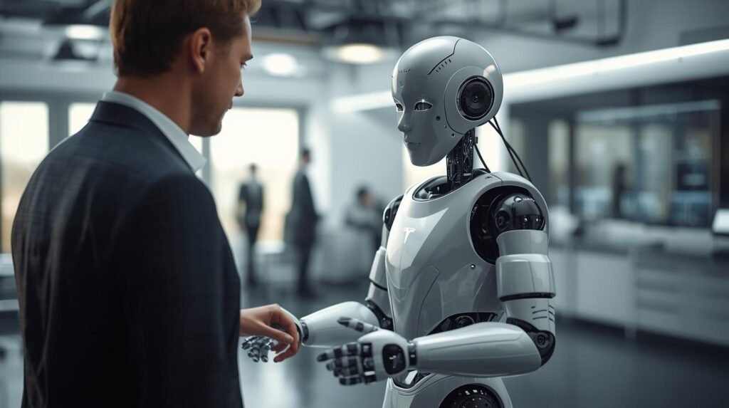 Tesla Optimus Gen 2 humanoid robot working with a real person in a modern workplace environment