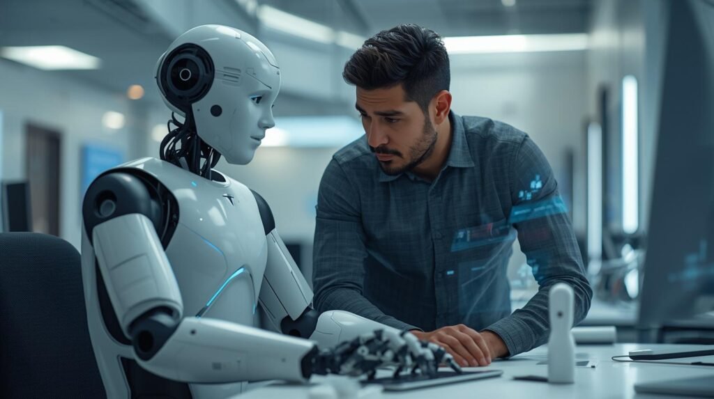 Tesla Optimus Gen 3 humanoid robot collaborating with a real person in a futuristic workplace environment
