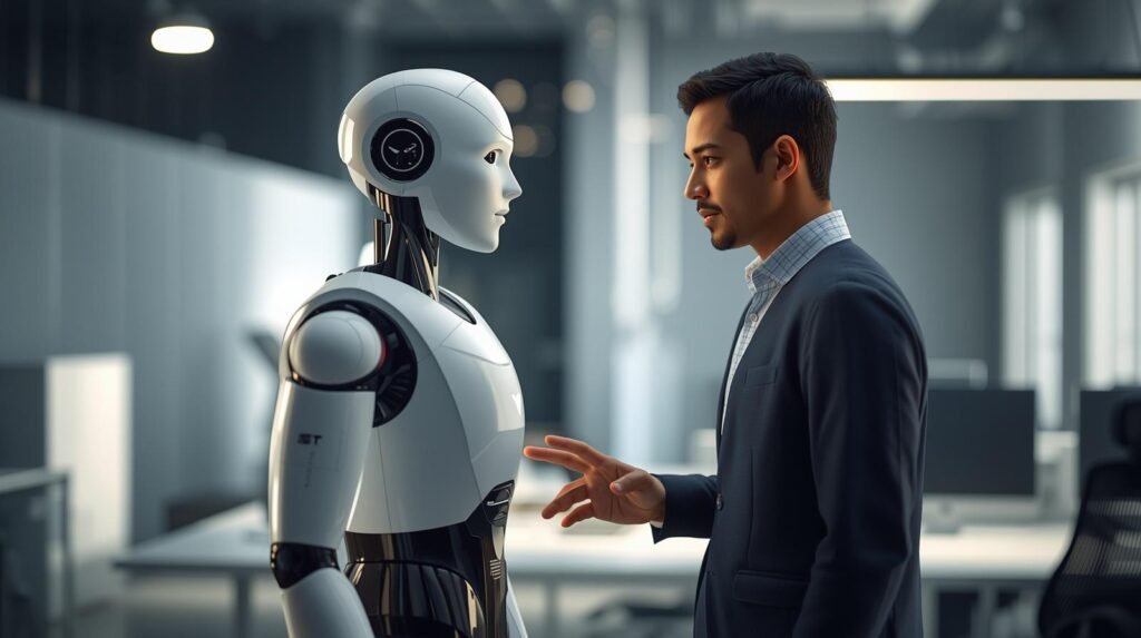 Tesla Optimus humanoid robot collaborating with a real person in a modern workplace environment