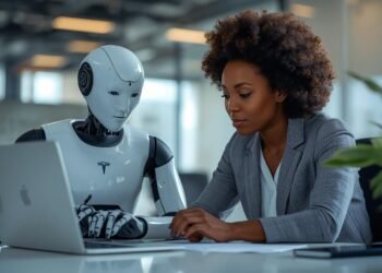 Tesla Optimus humanoid robot working with a human in a modern office workplace environment