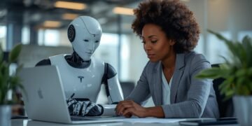 Tesla Optimus humanoid robot working with a human in a modern office workplace environment