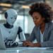 Tesla Optimus humanoid robot working with a human in a modern office workplace environment