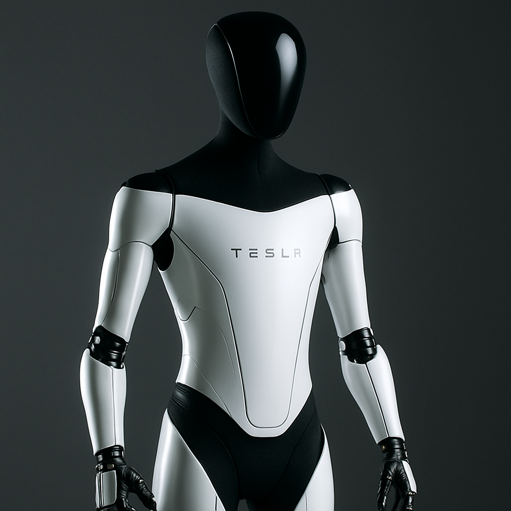 Close-up of Tesla Optimus humanoid robot with sleek futuristic design and advanced engineering