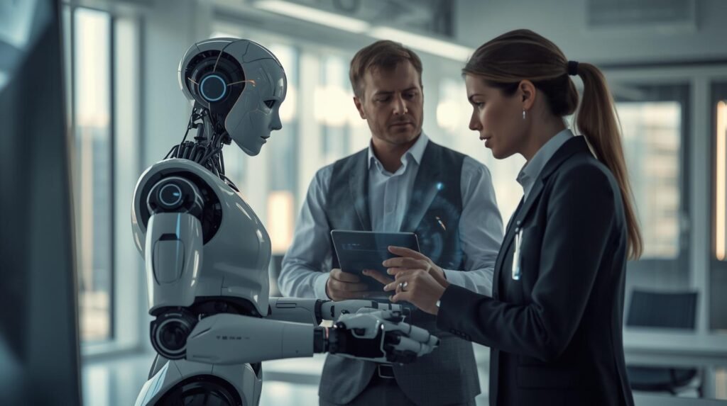 Tesla Robot Gen 3 humanoid working with a real person in a modern high-tech workplace