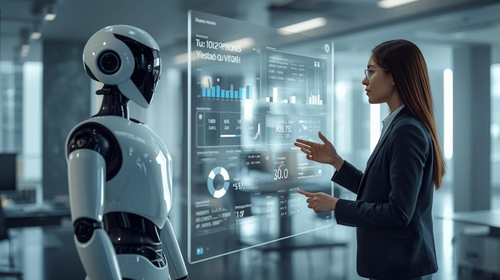 Tesla Optimus robot and human analyzing robot price data in a modern workplace environment