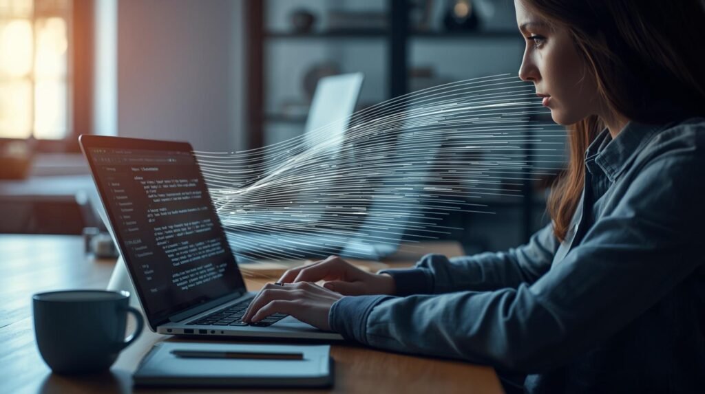Professional using AI text generation tools with dynamic text appearing from a laptop in a modern workspace