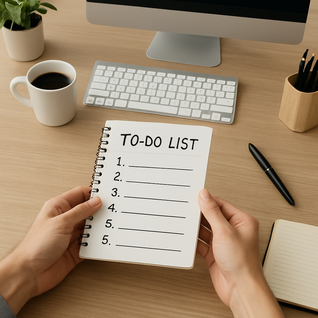 Person holding a to-do list at a clean desk workspace with computer and coffee, representing planning and prompt optimization