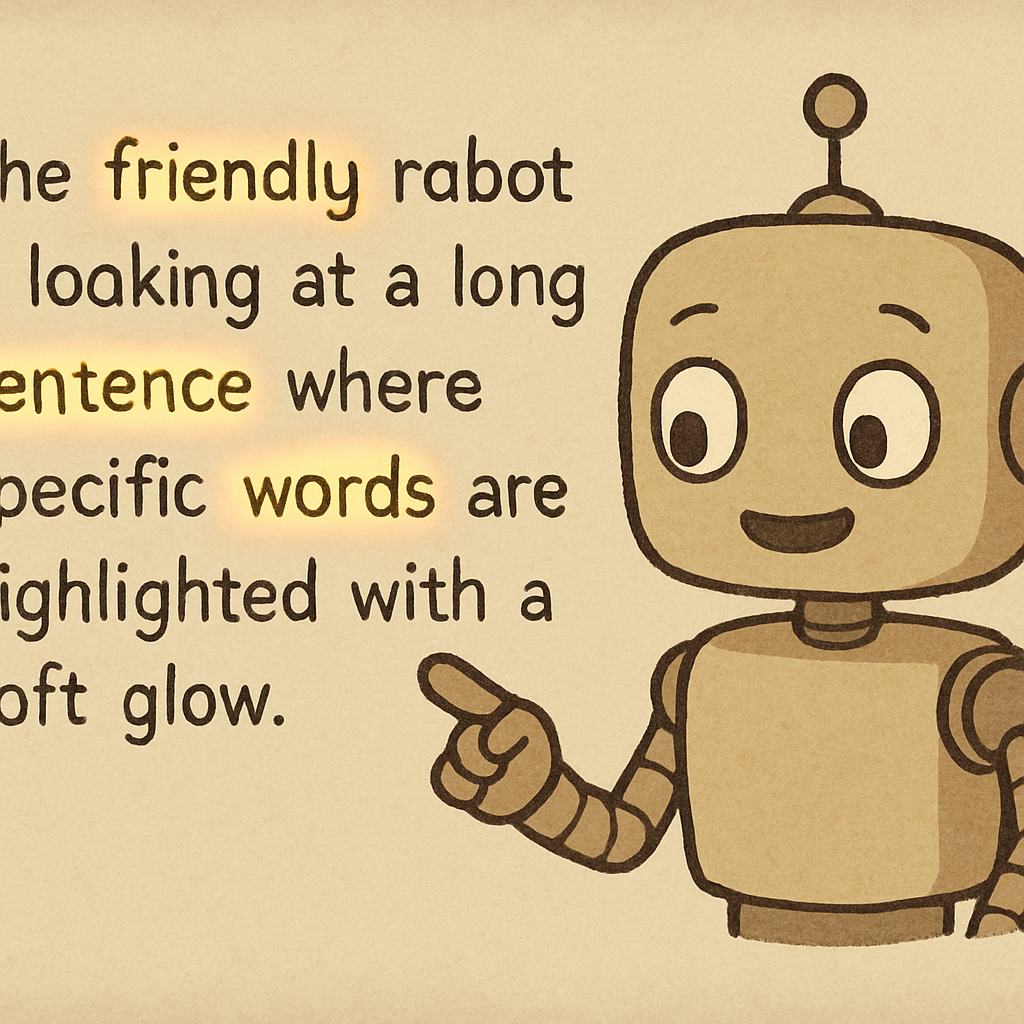 Illustration of a friendly robot highlighting words in a sentence, representing AI attention mechanism and natural language processing