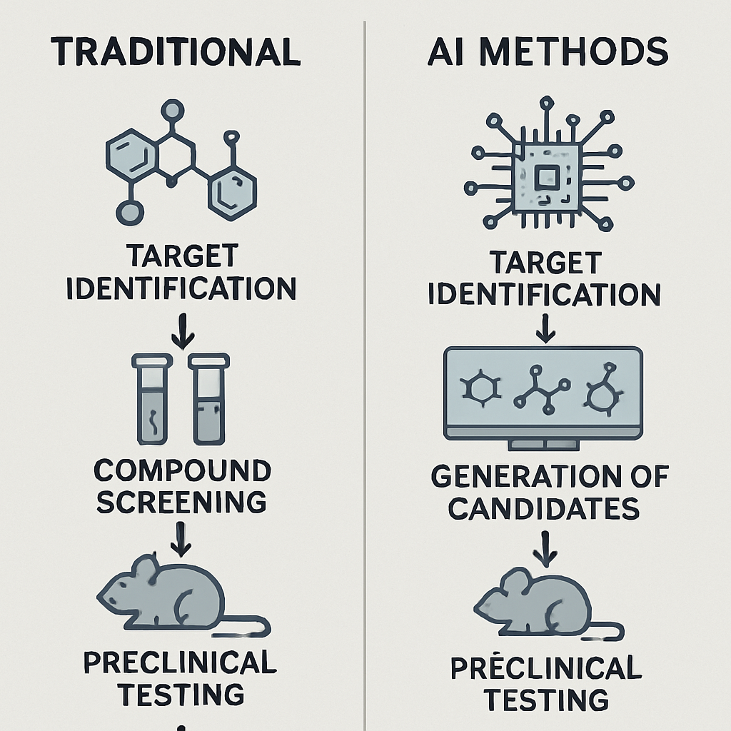 Comparison of traditional drug discovery and AI-based methods highlighting faster target identification and candidate generation