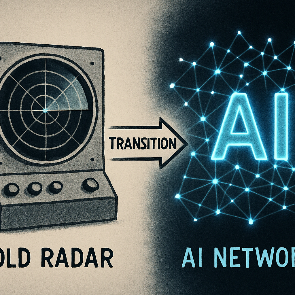 Illustration showing transition from traditional radar systems to AI-powered network intelligence in modern defense technology