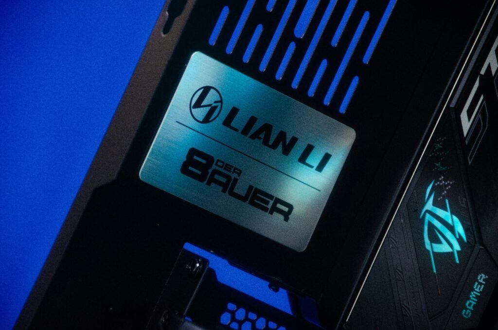 High-performance gaming PC case with Lian Li branding and RGB lighting for advanced connectivity and speed