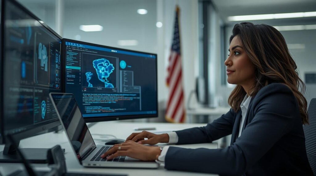 US compliance professional reviewing genetic privacy regulations and patient data protection policies in a modern office