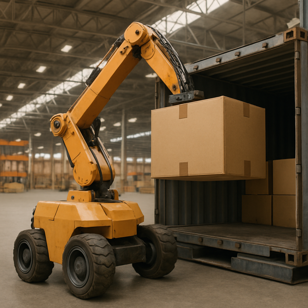 Autonomous robotic arm unloading boxes from a truck in a warehouse representing logistics automation and Stretch robot use