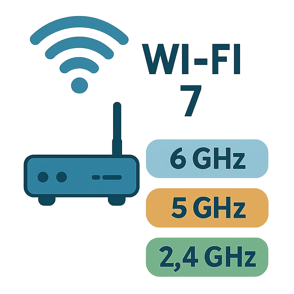 Wi-Fi 7 router illustration showing 2.4 GHz, 5 GHz, and 6 GHz frequency bands for faster wireless connectivity
