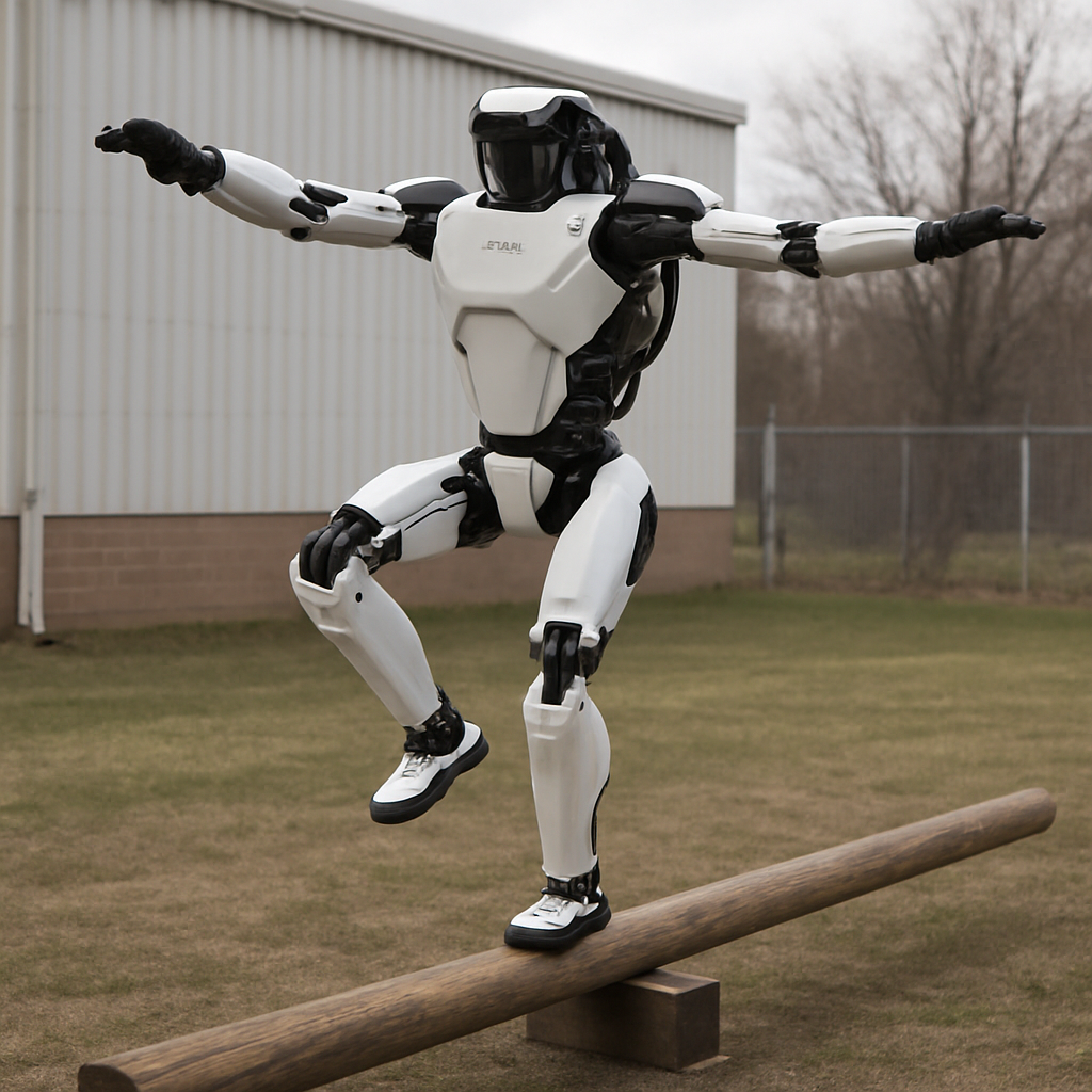 Humanoid robot balancing on a beam demonstrating advanced stability and motion control in robotics technology