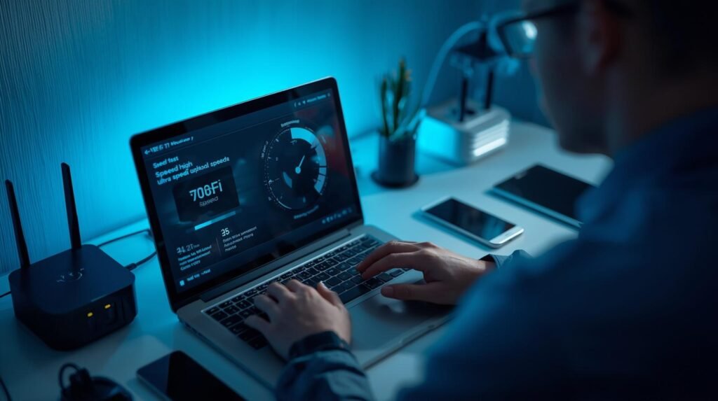 Tech professional testing ultra-fast Wi-Fi 7 speed on a laptop with connected devices in a modern workspace