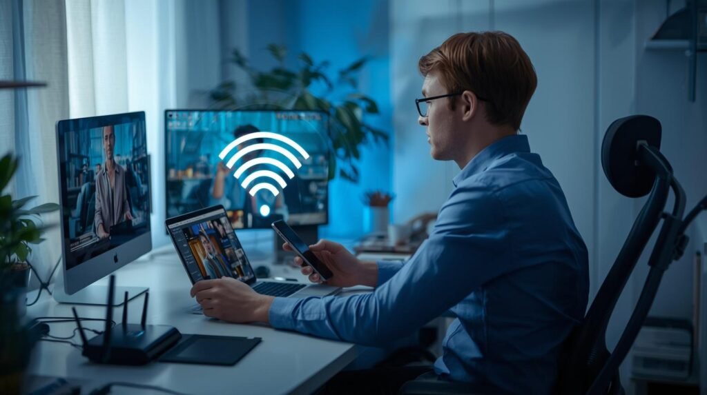Tech professional using multiple devices with fast and stable Wi-Fi 7 connection in a modern home office environment
