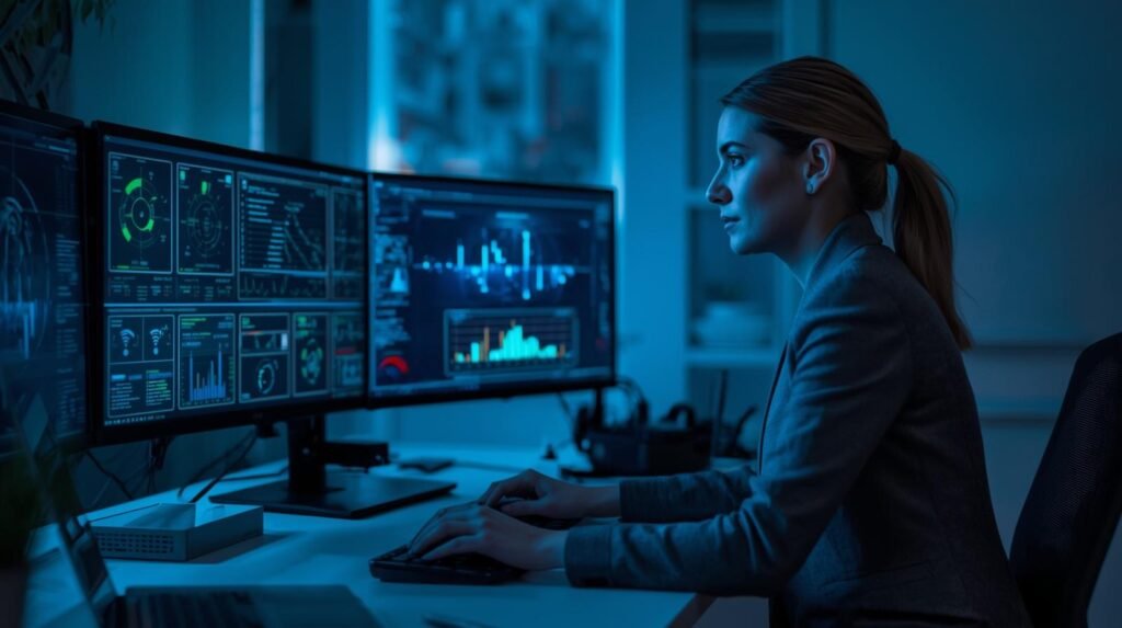 IT professional analyzing Wi-Fi 7 features like multi-link operation and network performance in a modern workspace