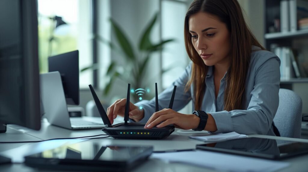 Tech professional setting up a Wi-Fi 7 router with connected smart devices in a modern home office environment