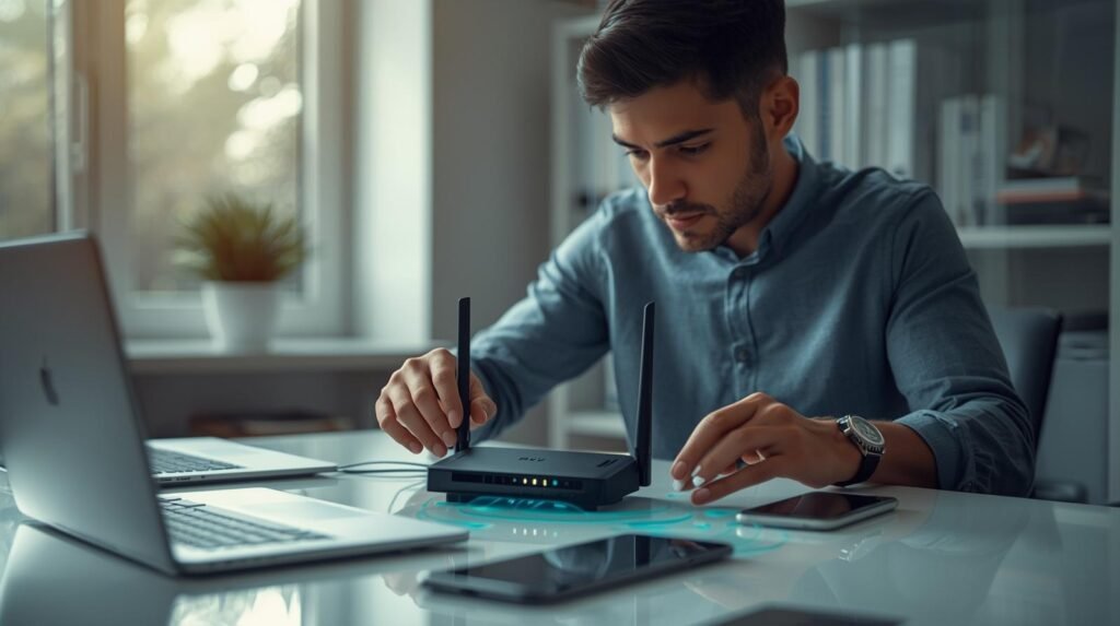 Tech professional setting up a Wi-Fi 7 router with connected smart devices in a modern home office environment