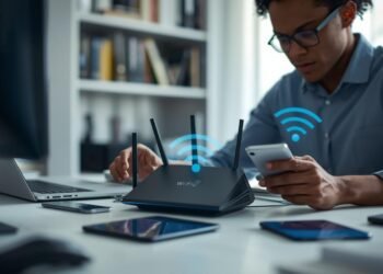 Tech professional setting up a Wi-Fi 7 router with connected smart devices in a modern home office environment