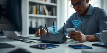 Tech professional setting up a Wi-Fi 7 router with connected smart devices in a modern home office environment