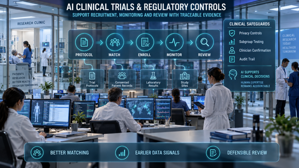 Clinical research teams use AI to support protocol analysis, patient matching, enrollment, study monitoring, and accountable human review.