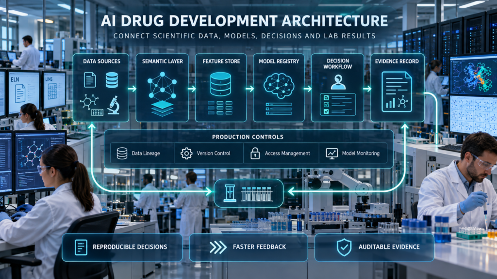 AI drug development: Pharmaceutical laboratory architecture connecting scientific data sources, semantic processing, feature storage, model governance, decision workflows, and evidence records.