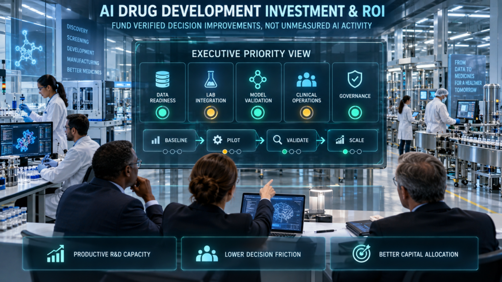 Pharmaceutical executives evaluate data readiness, laboratory integration, model validation, clinical operations, and governance before scaling AI investments.