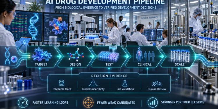 AI drug Development: Pharmaceutical researchers use AI across target identification, molecular design, laboratory testing, clinical development, and manufacturing scale-up.