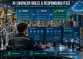 AI Engineer Roles and Responsibilities: AI engineer managing data pipelines, model deployment, production monitoring, security controls, and human approval inside an automated smart factory.