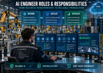 AI Engineer Roles and Responsibilities: AI engineer managing data pipelines, model deployment, production monitoring, security controls, and human approval inside an automated smart factory.