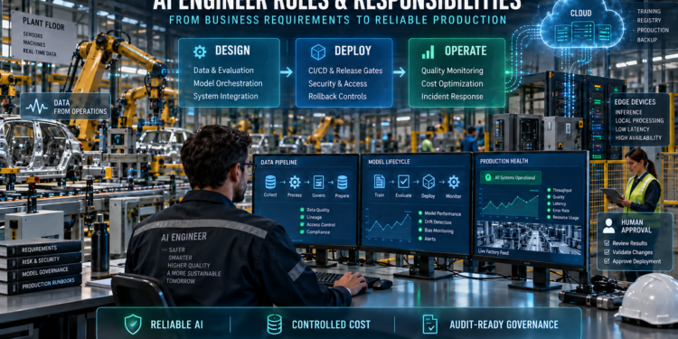 AI Engineer Roles and Responsibilities: AI engineer managing data pipelines, model deployment, production monitoring, security controls, and human approval inside an automated smart factory.