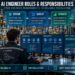 AI Engineer Roles and Responsibilities: AI engineer managing data pipelines, model deployment, production monitoring, security controls, and human approval inside an automated smart factory.