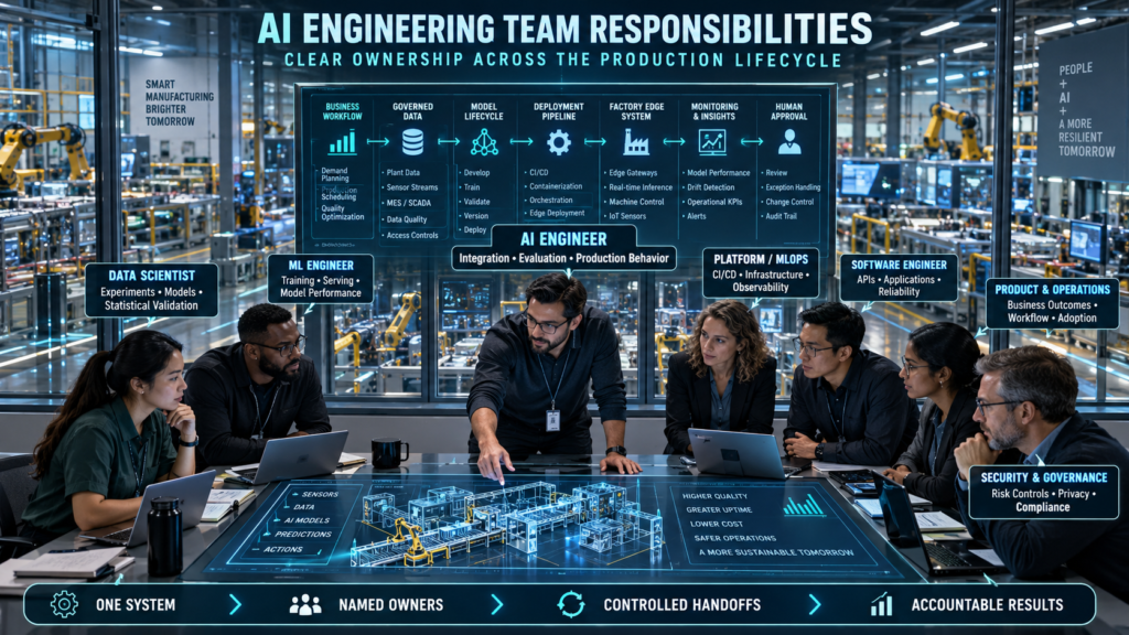 Cross-functional AI engineering team coordinating data science, machine learning, MLOps, software development, product operations, security, governance, and factory production systems.