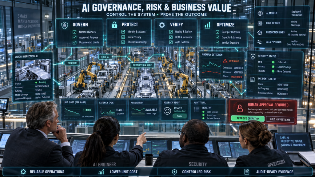 Executive team reviewing AI governance, security, quality, cost, drift, incident status, audit evidence, rollback readiness, and human approval in a smart factory.
