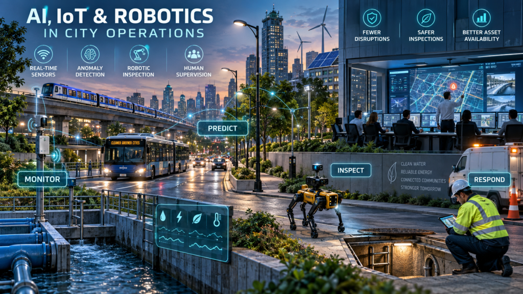 Smart-city operations using real-time IoT sensors, AI anomaly detection, robotic inspection and human-supervised infrastructure maintenance.