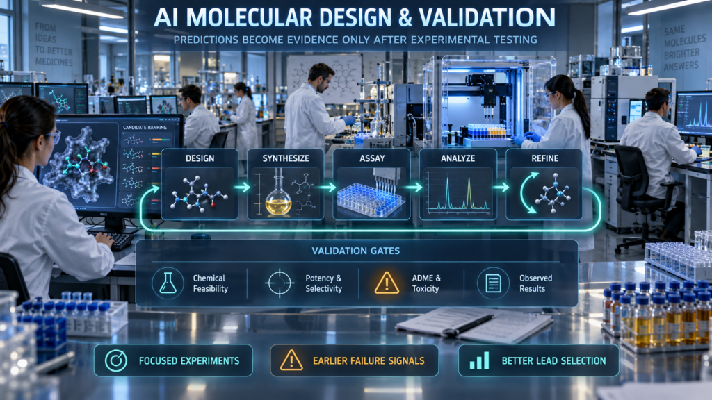 Pharmaceutical scientists use AI to design molecules before synthesis, laboratory assays, result analysis, and iterative lead refinement.