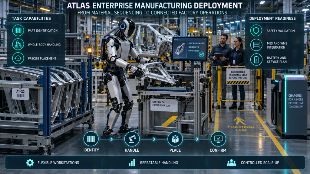 Atlas-style electric humanoid robot sequencing an automotive component at a connected factory workstation while engineers supervise beyond the safety zone.