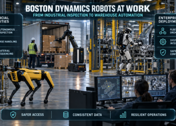 Boston Dynamics robots-style Spot, Stretch, and Atlas robots performing industrial inspection, warehouse case handling, and automotive material sequencing in a smart factory.