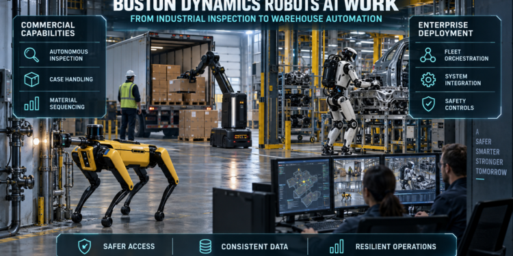 Boston Dynamics robots-style Spot, Stretch, and Atlas robots performing industrial inspection, warehouse case handling, and automotive material sequencing in a smart factory.
